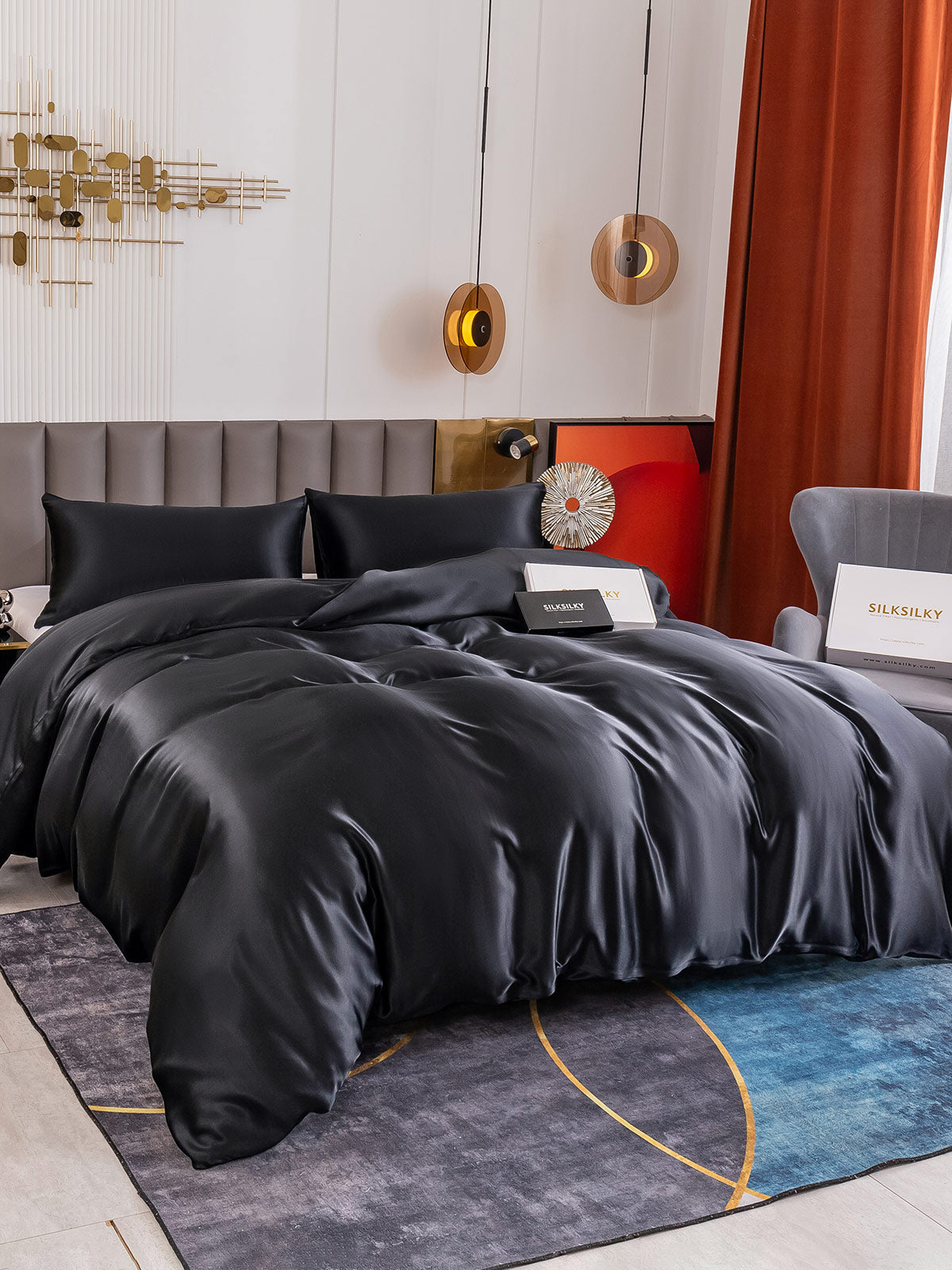[Negro] SilkSilky-ES 19Momme Seda Pura Bedding Set 003