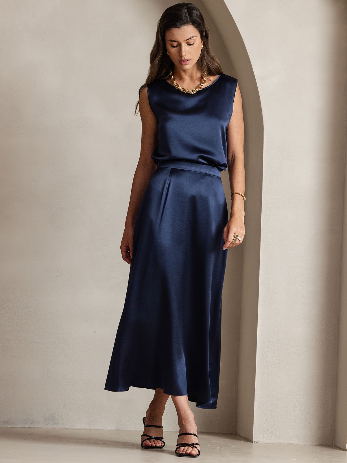 [Azul Oscuro] SilkSilky-ES 19Momme Seda Skirt 007