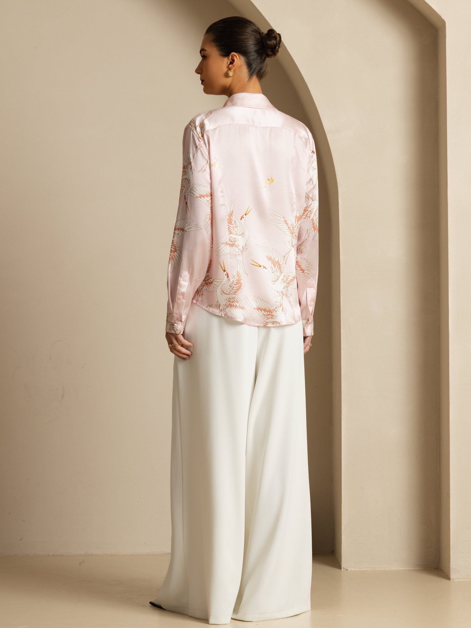 [Rosa] SilkSilky-ES 19Momme Manga larga Cuello con Solapa Blusas de Mujer 002