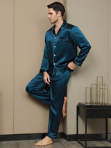[Azul Real] SilkSilky-ES Long Sleeve Lapel Collar Pijamas de hombre 005