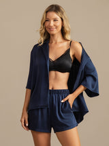 [Azul Oscuro] SilkSilky-ES 19Momme A metà Cuello de Muesca Pijamas de mujer 005