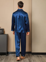[Azul Oscuro] SilkSilky-ES Long Sleeve Lapel Collar Pijamas de hombre 002