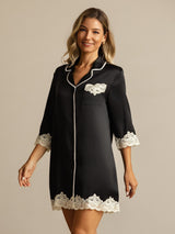 [Negro] SilkSilky-ES Seda Pura Cuello Camisero Camisas de dormir 007