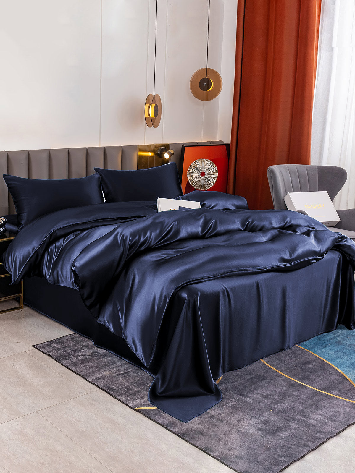 [Azul Oscuro] SilkSilky-ES 19Momme Seda Pura Bedding Set 001