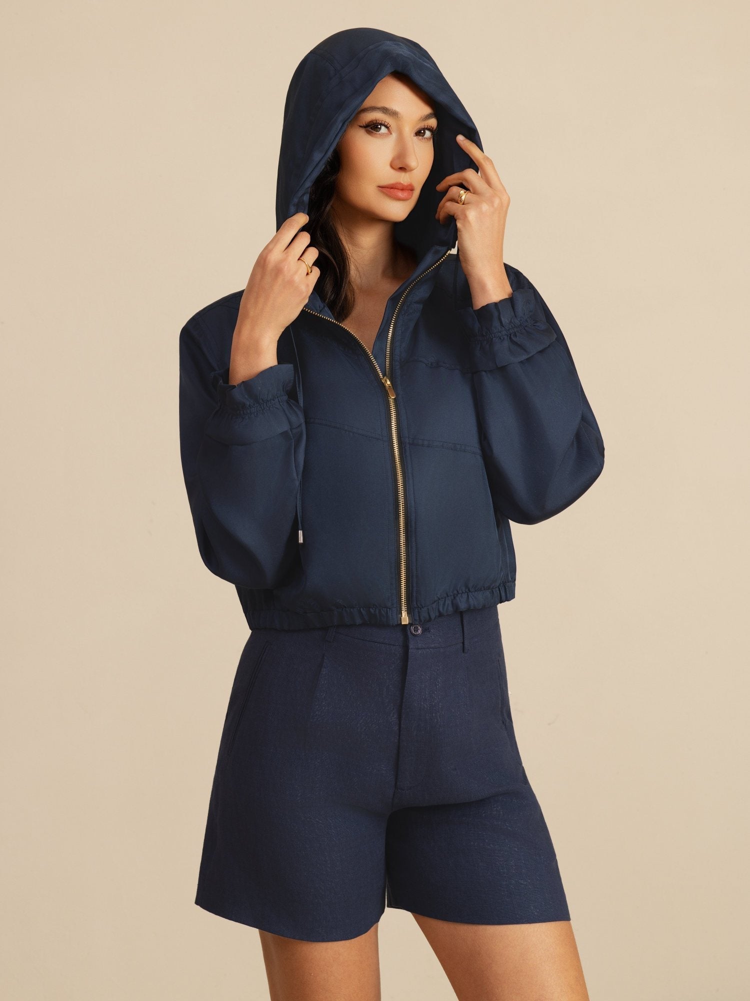 [AzulOscuro] SilkSilky-ES 18Momme Manga larga Cuello Alto Chaqueta de mujer 001