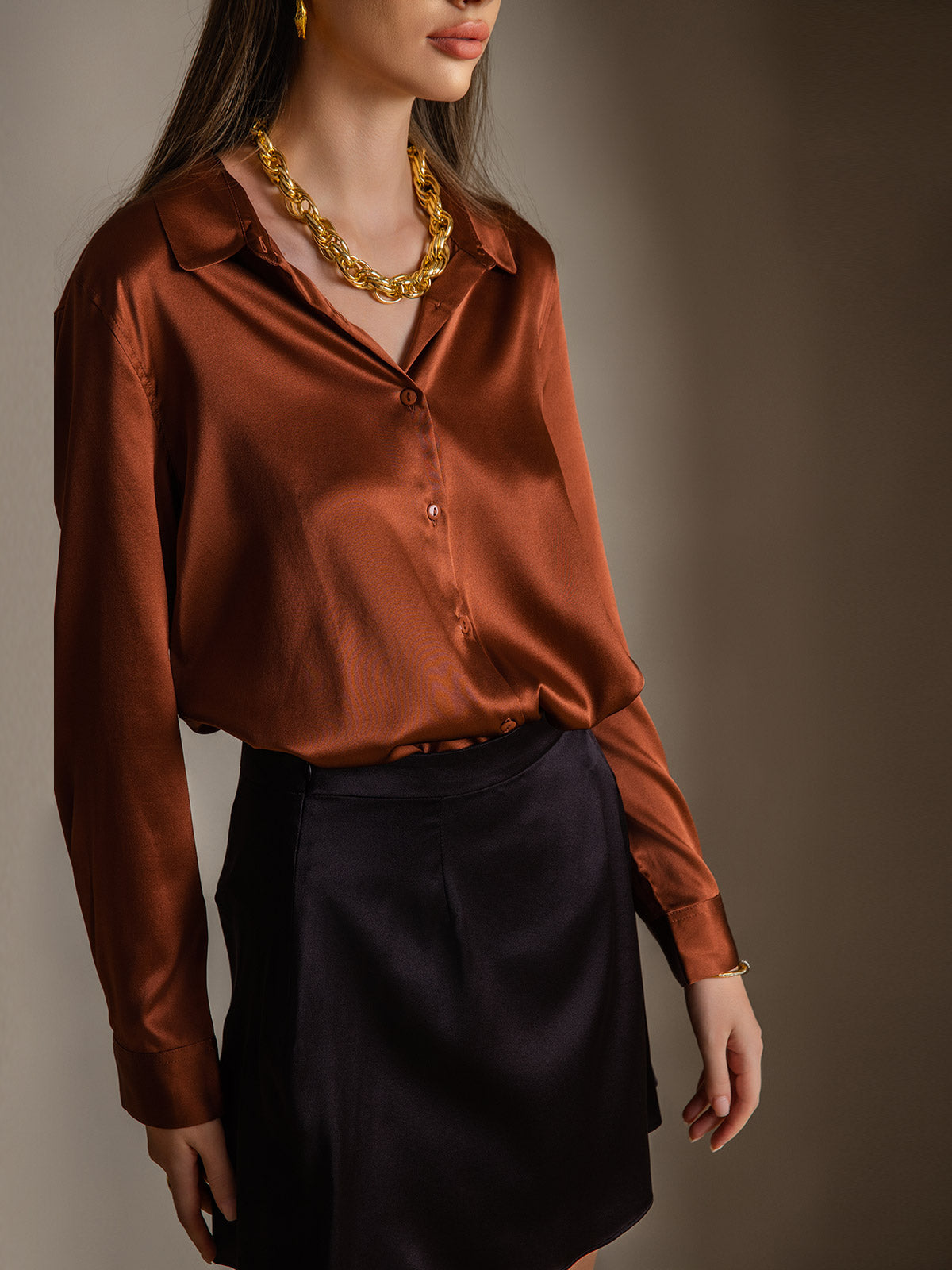 [Café] SilkSilky-ES Seda Lapel Collar Blusas de Mujer 001