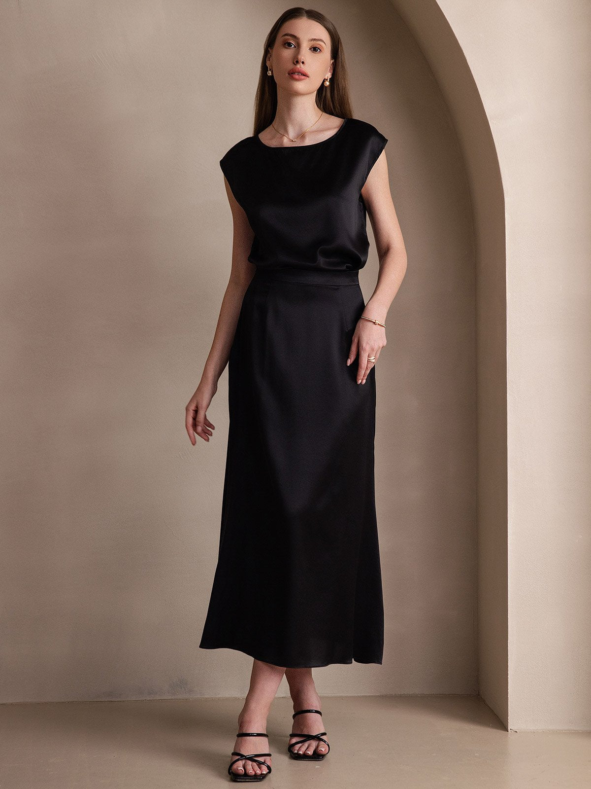 [Negro] SilkSilky-ES 19Momme Seda Skirt 007