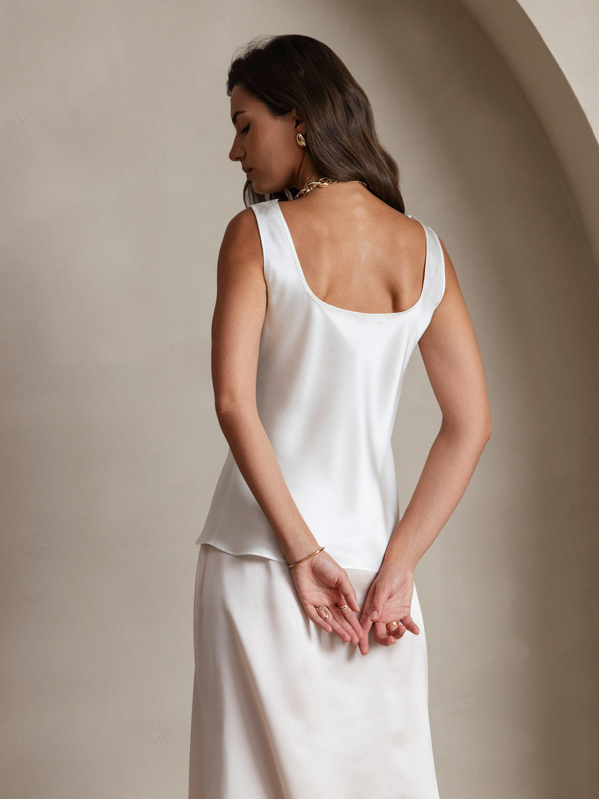 [Blanco] SilkSilky-ES 19Momme Seda Cuello en U Top de tirantes 002