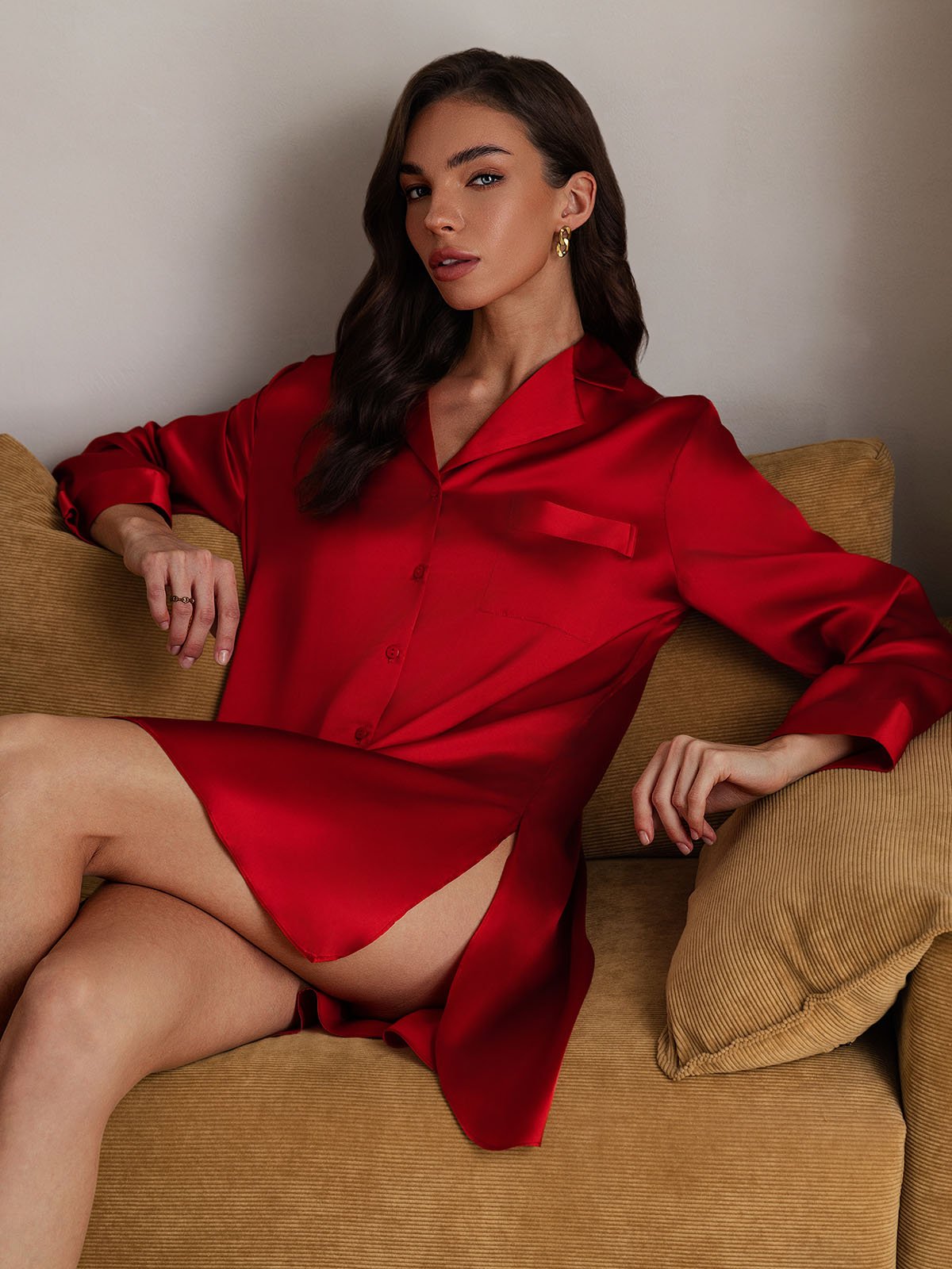 [Rojo] SilkSilky-ES Seda Pura Cuello Camisero Camisón 008