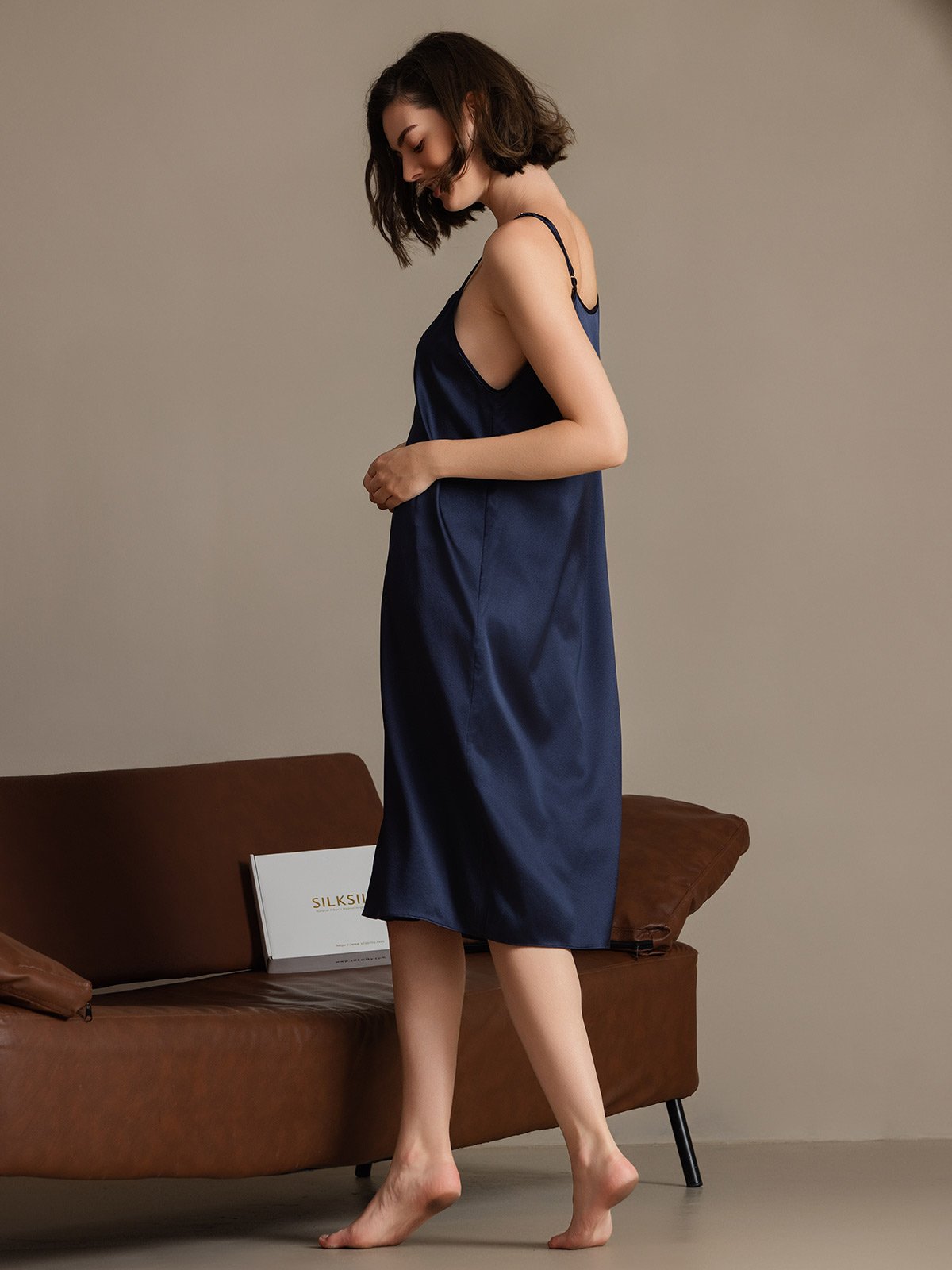 [Azul Oscuro] SilkSilky-ES 19Momme Seda Sin mangas Dress 002