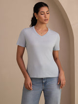 [Azul Grisáceo] SilkSilky-ES Short Sleeve V Neck Camisetas de Mujer 001