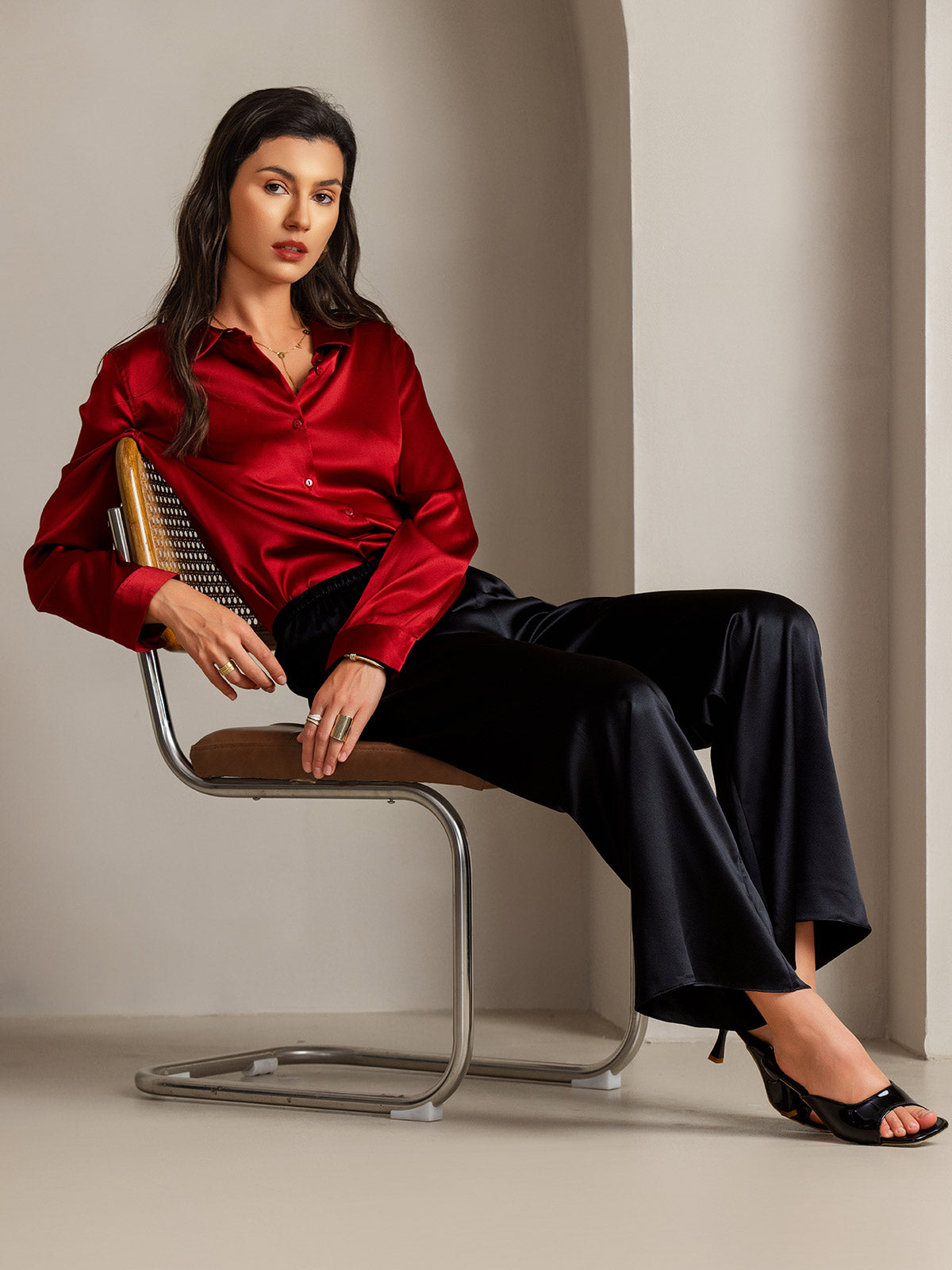 [Rojo] SilkSilky-ES Seda Lapel Collar Blusas de Mujer 006
