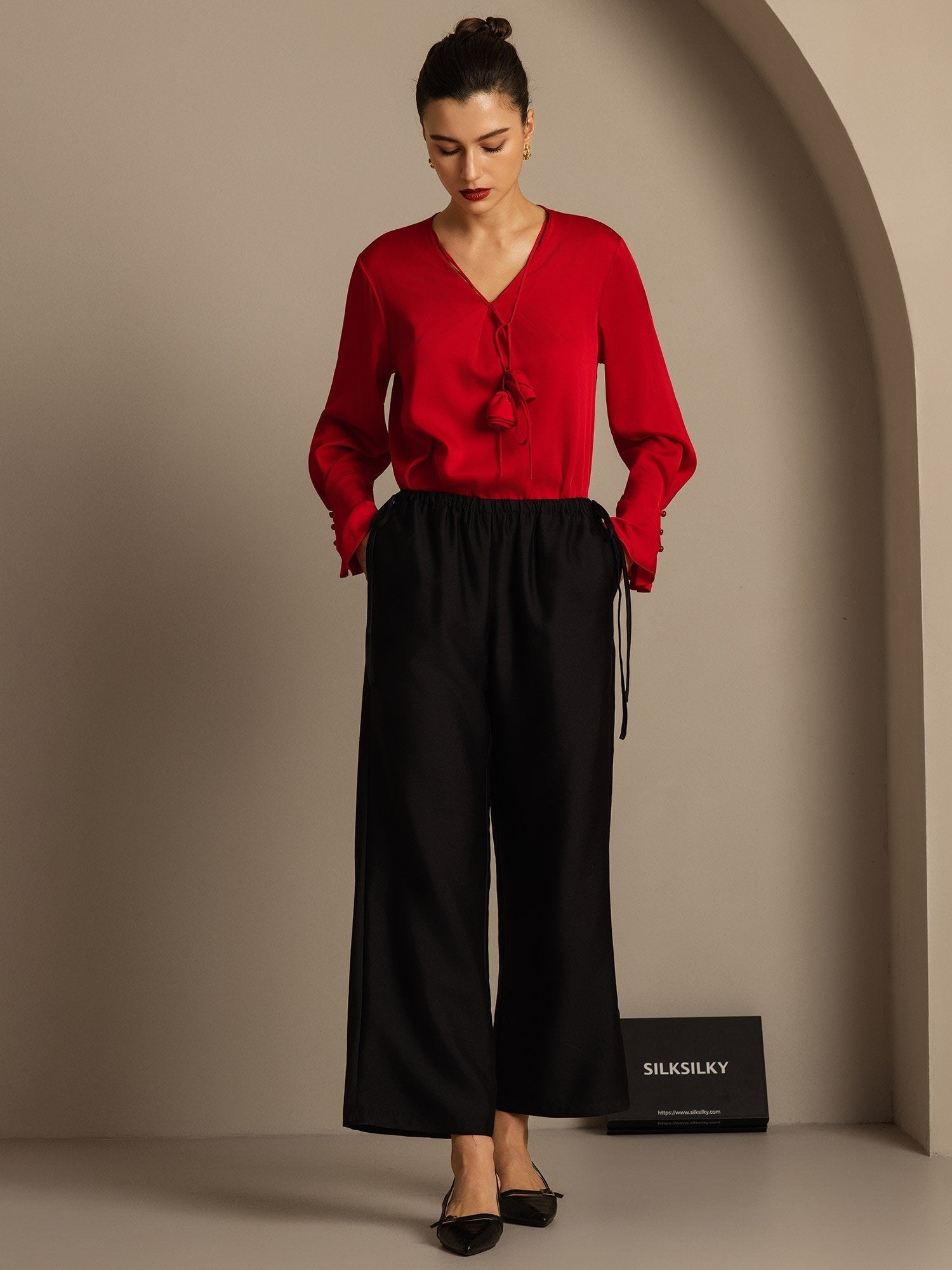 [Negro] SilkSilky-ES 32Momme Silk-Wool Blend Womens Pants 005,