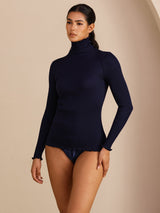 [Azul Oscuro] SilkSilky-ES Long Sleeve Turtle Neck Camisetas de Mujer 007