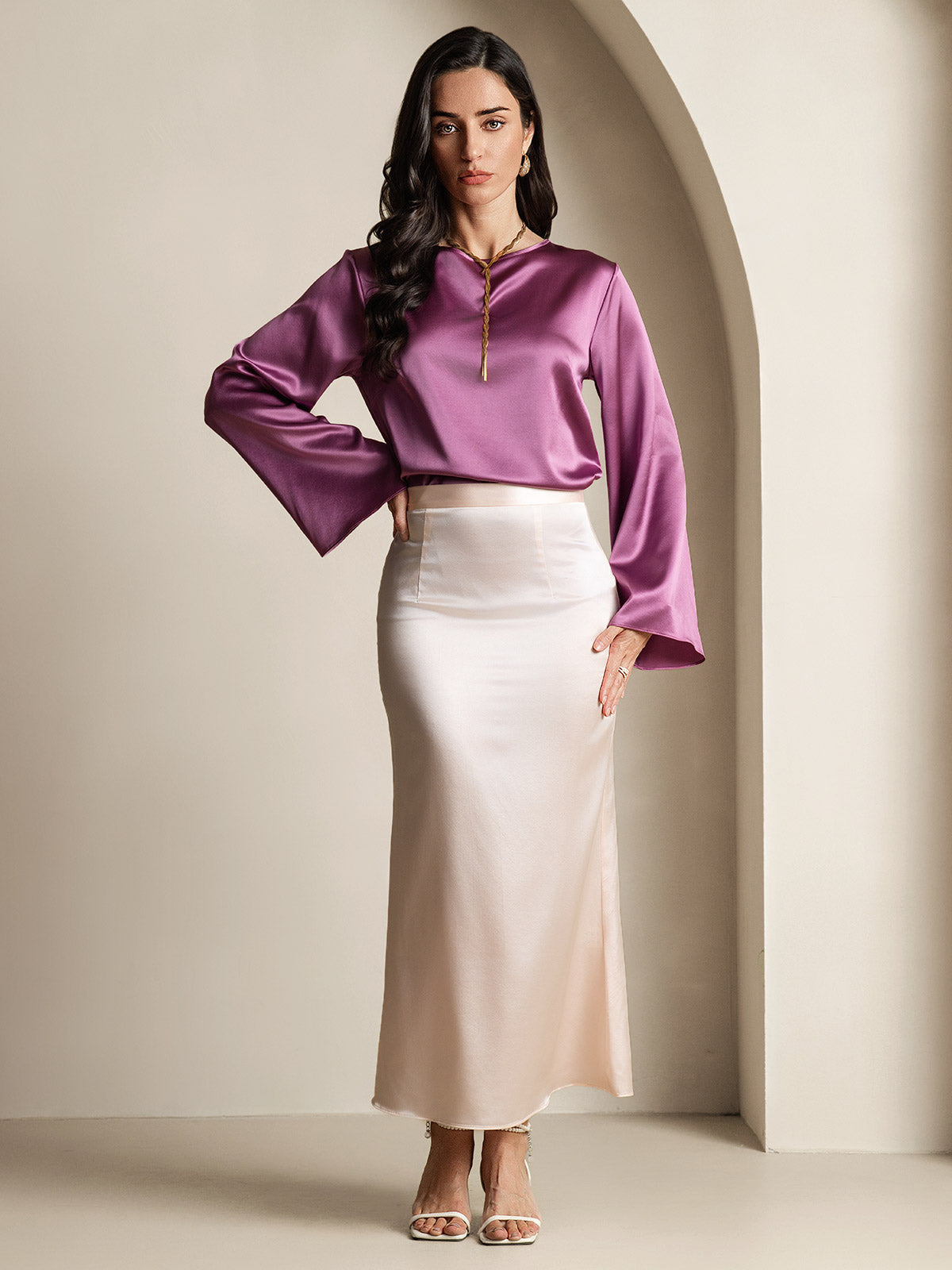 [Morado Oscuro] SilkSilky-ES 19Momme Seda Manga larga Blouse 008