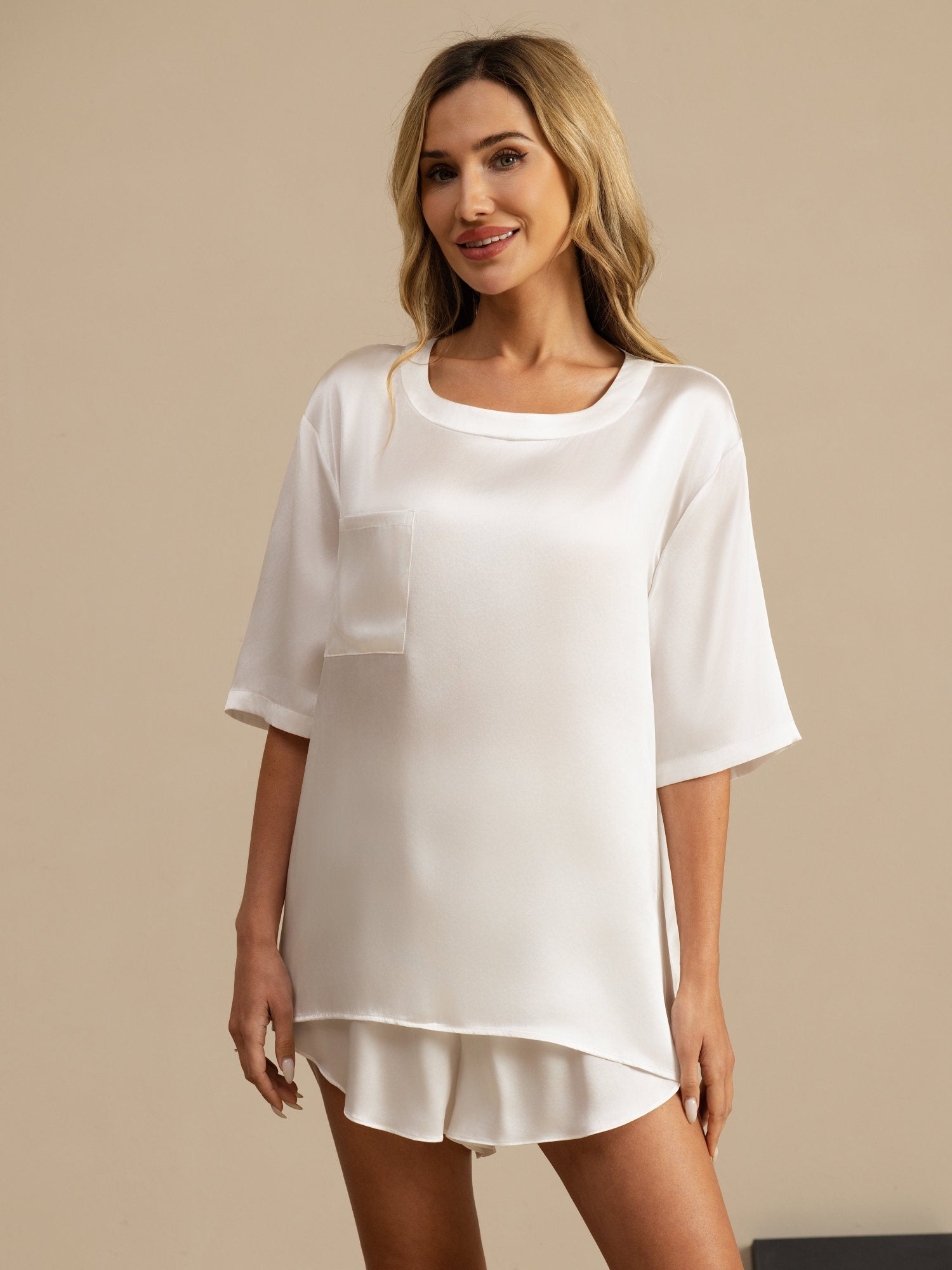 [Blanco] SilkSilky-ES Manga corta Cuello Redondo Pijamas de mujer 003