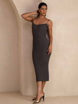 [Gris] SilkSilky-ES Spaghetti Strap Boat Neck Vestido 007