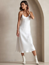 [Blanco] SilkSilky-ES Spaghetti Strap V Neck Vestido 005