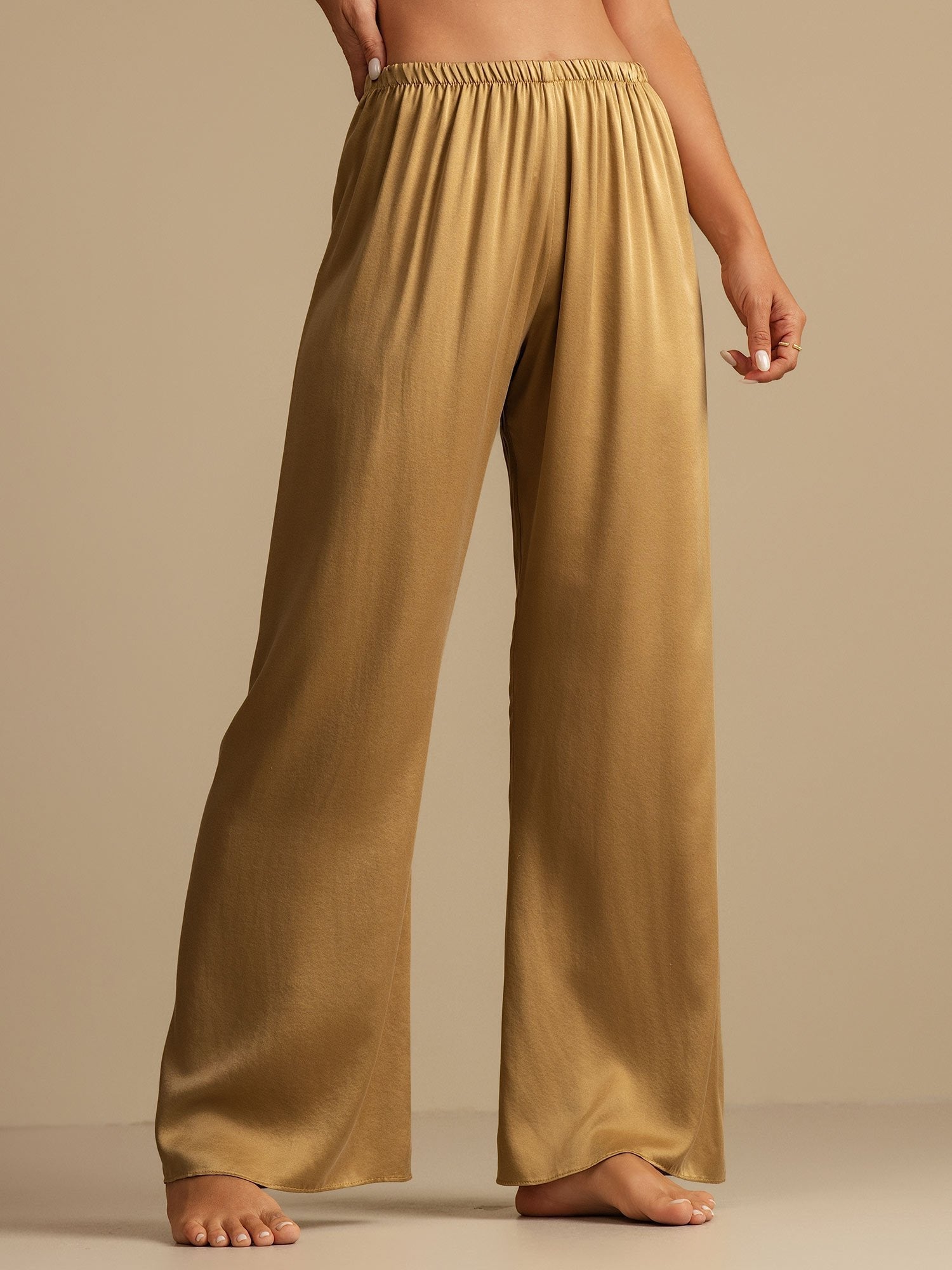 [Marrón Claro] SilkSilky-ES 19Momme Seda Womens Sleep Bottoms 001,