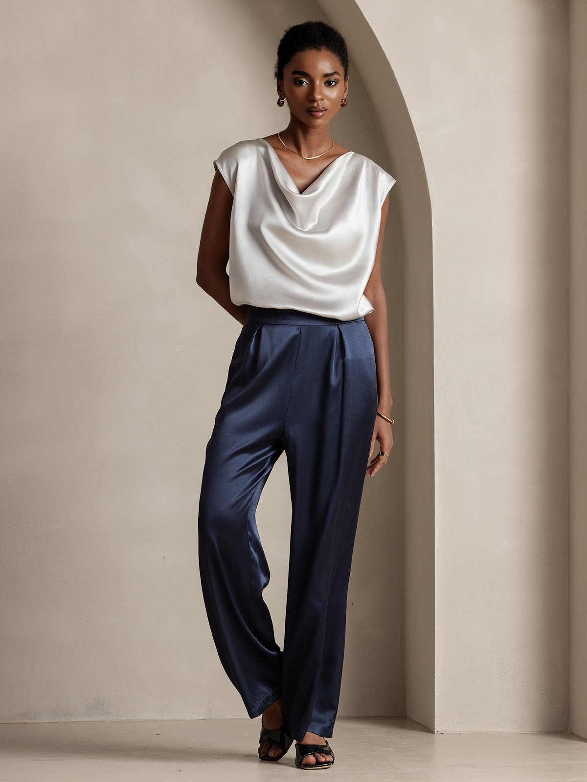 [Gris Claro] SilkSilky-ES 19Momme Seda Escote Caído Camisetas de Mujer 004