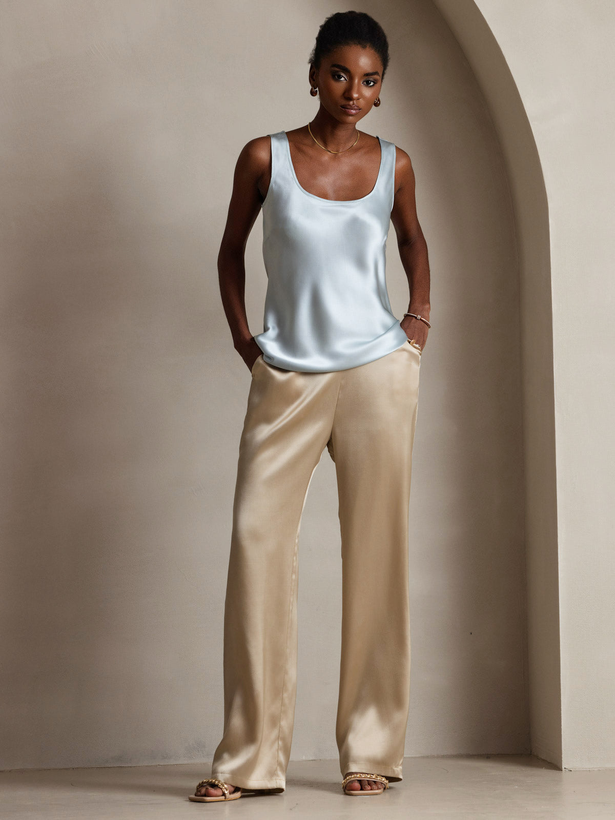 [Azul Claro] SilkSilky-ES 19Momme Seda Cuello en U Top de tirantes 007