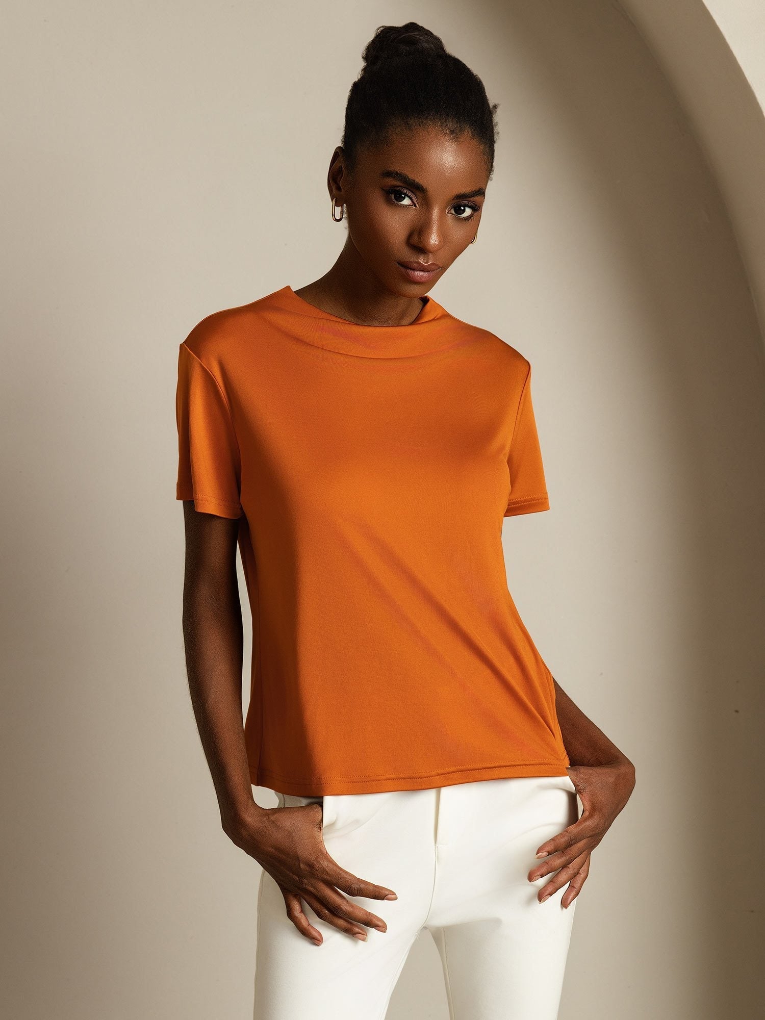 [Naranja] SilkSilky-ES Seda Pura Cuello Camisero Camisetas de Mujer 004