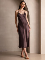 [Café] SilkSilky-ES Spalline Sottili Cuello en V Vestido 001