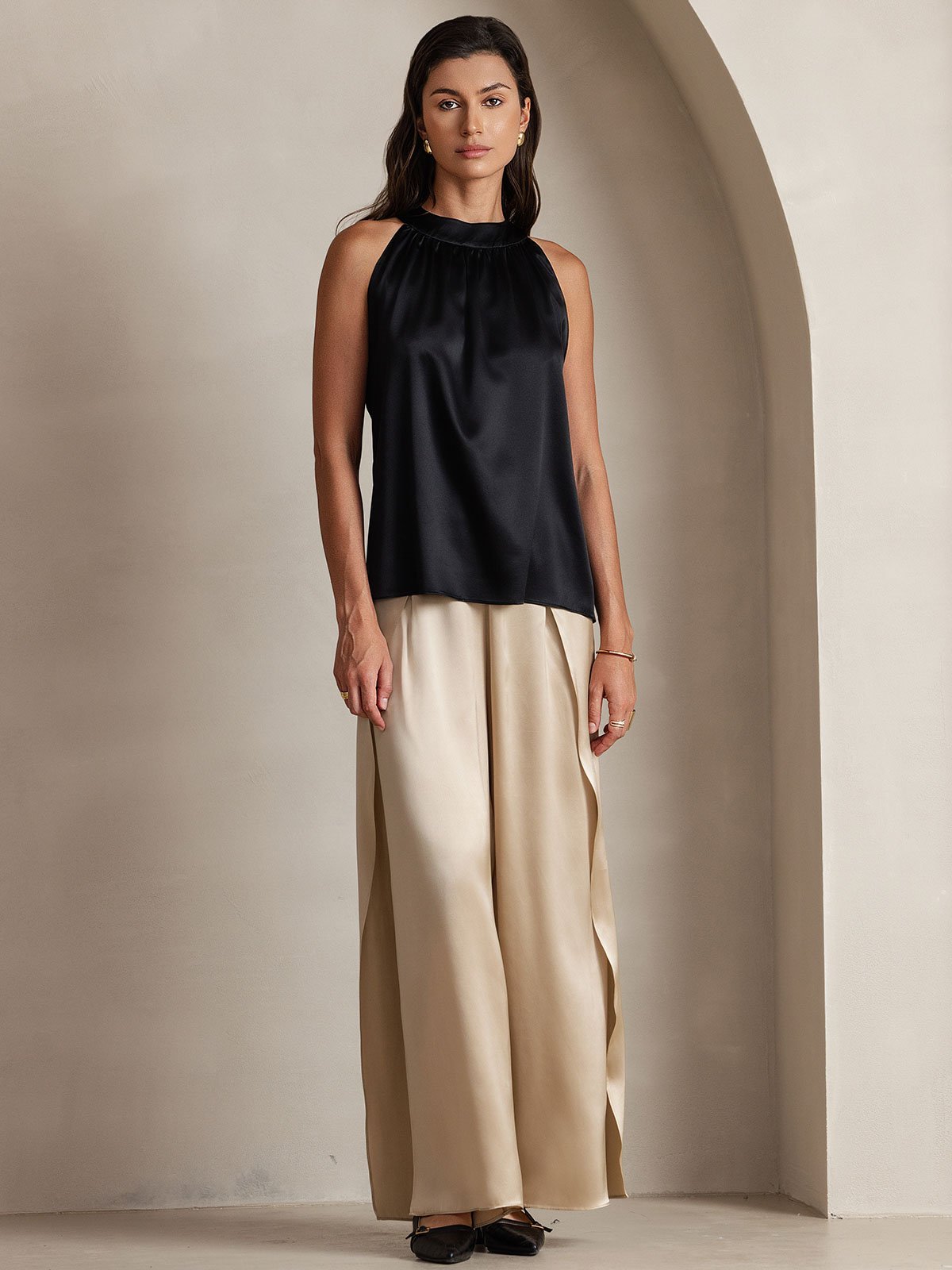 [Negro] SilkSilky-ES 19Momme Seda Sin mangas Womens T-Shirt 001