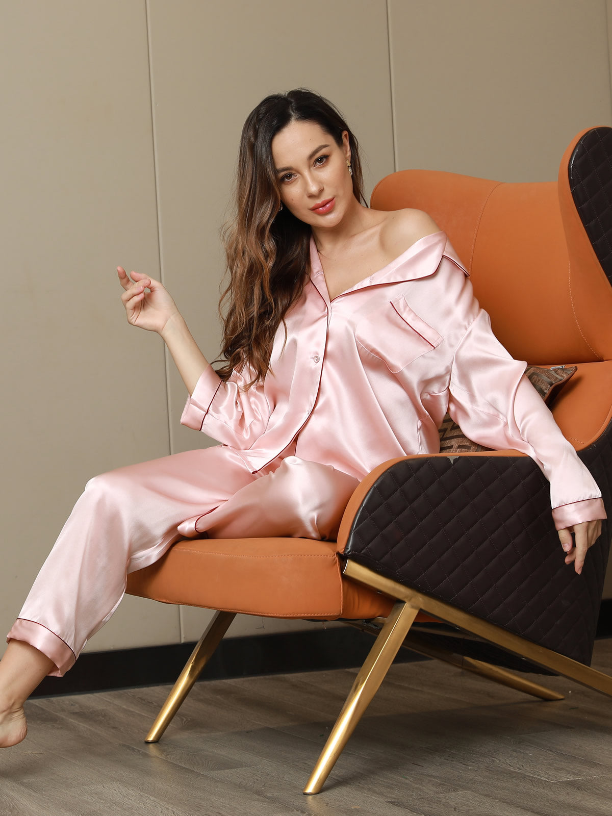 [Rosa] SilkSilky-ES Manga larga Cuello de Muesca Pijamas de mujer 001
