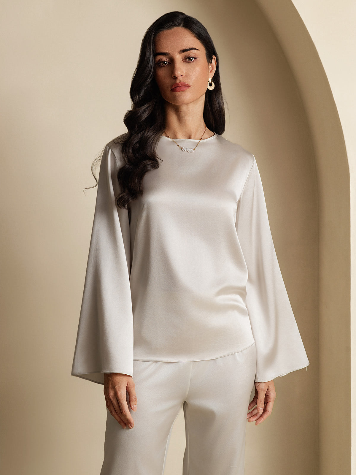 [Gris Claro] SilkSilky-ES 19Momme Seda Womens T-Shirt 003,