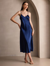 [Azul Oscuro] SilkSilky-ES Spaghetti Strap V Neck Vestido 001