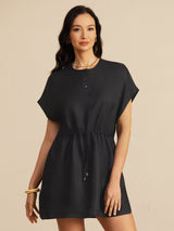 [Negro] SilkSilky-ES 18Momme Manga Casquillo Cuello Henley Vestido 003