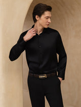 [Negro] SilkSilky-ES 19Momme Manga larga Cuello con Solapa Camisa de hombre 005