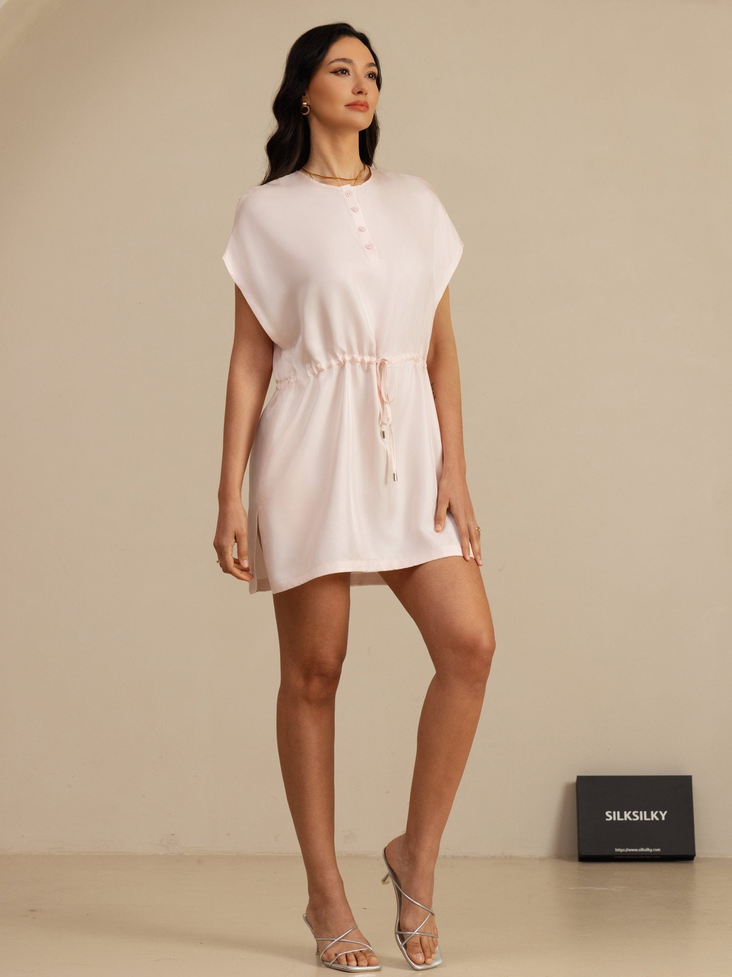 [Rosa] SilkSilky-ES 18Momme Manga Casquillo Cuello Henley Vestido 006