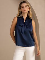 [Azul Oscuro] SilkSilky-ES Sleeveless Tie Neck Top de tirantes 001