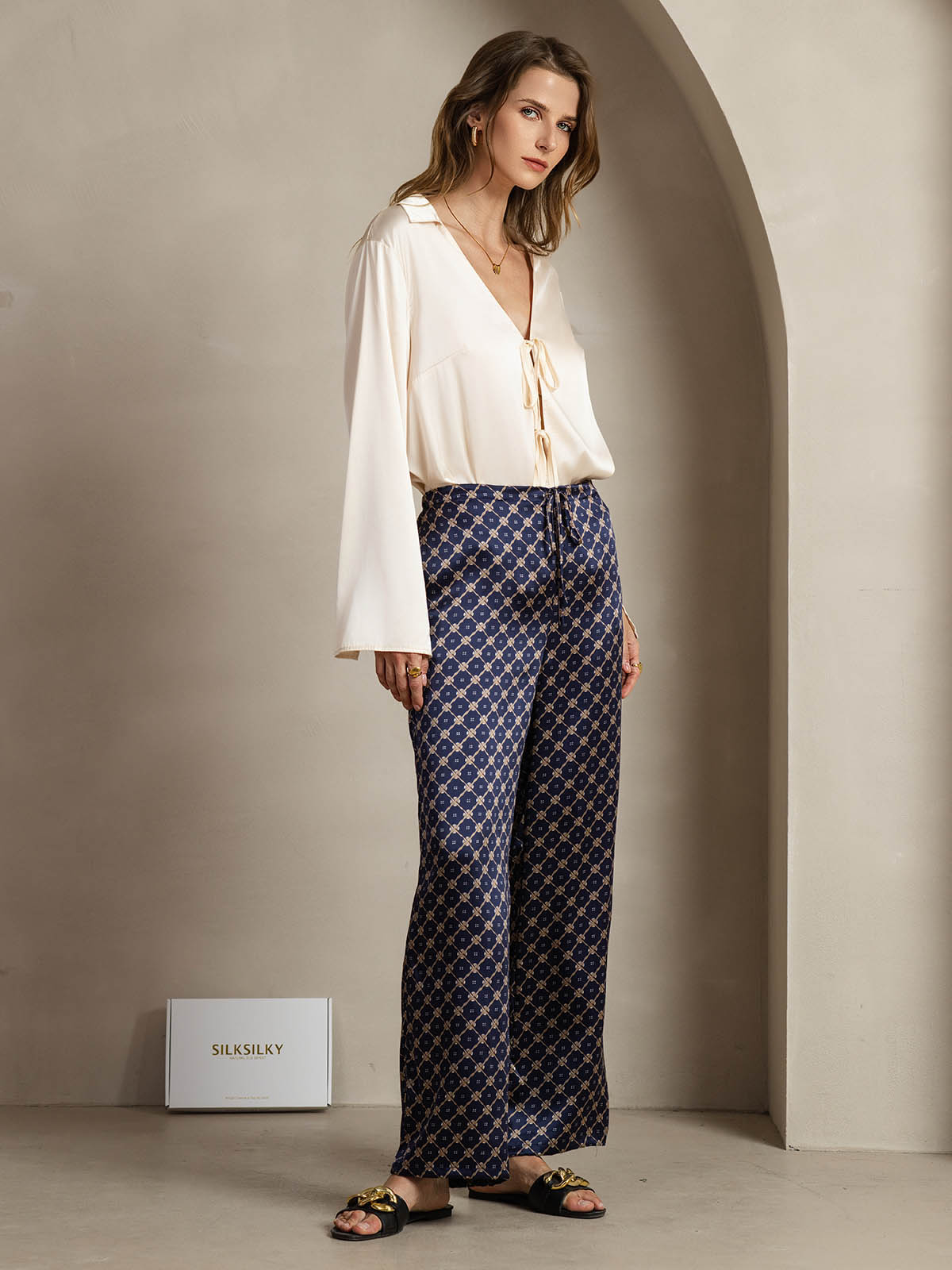 [Cadena Azul Marino] SilkSilky-ES 19Momme Seda Womens Pants 004