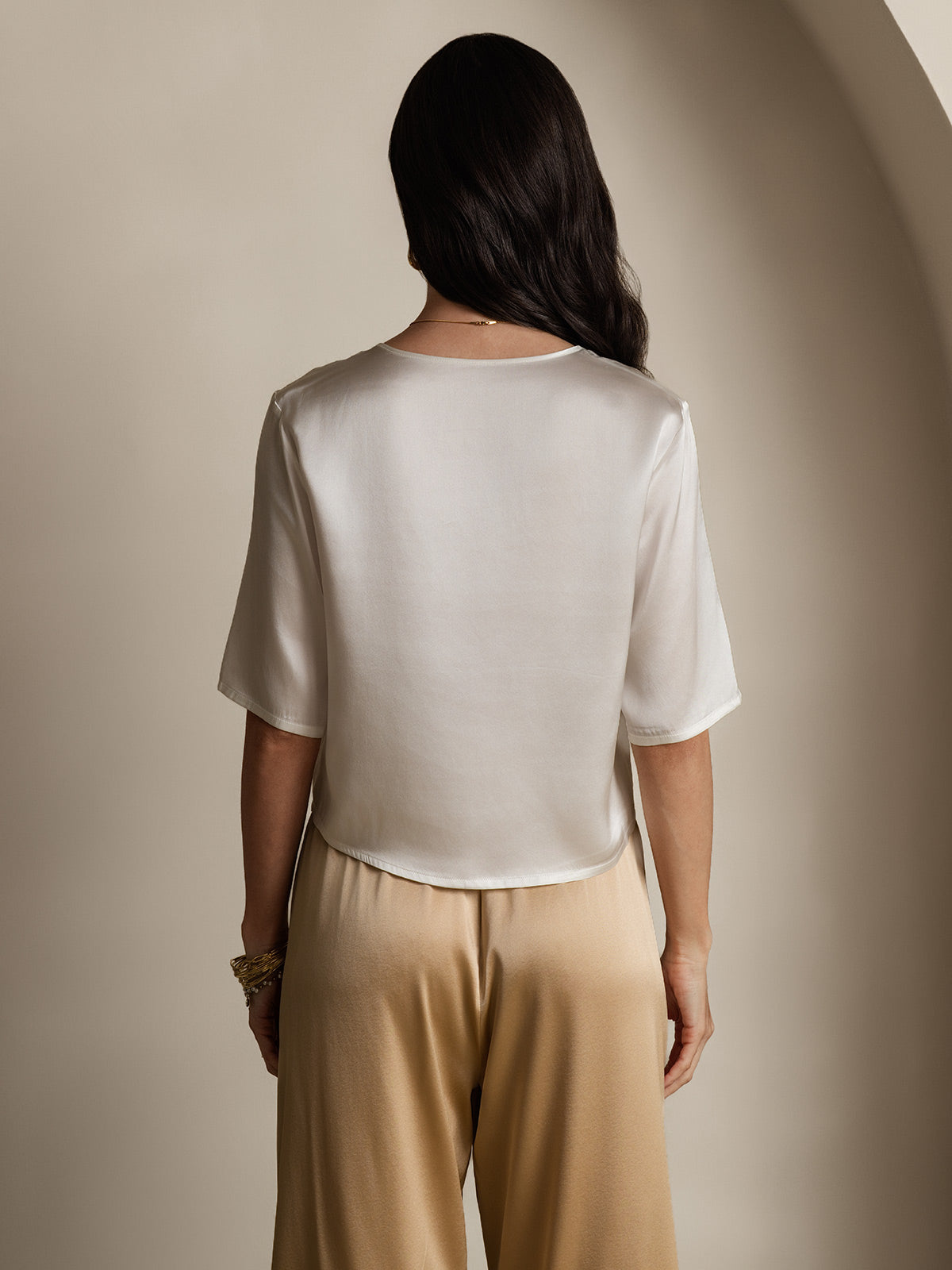 [Blanco] SilkSilky-ES Seda Pura Cuello Barco Camisetas de Mujer 002
