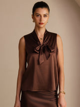 [Chocolate Negro] SilkSilky-ES Sleeveless Tie Neck Top de tirantes 001
