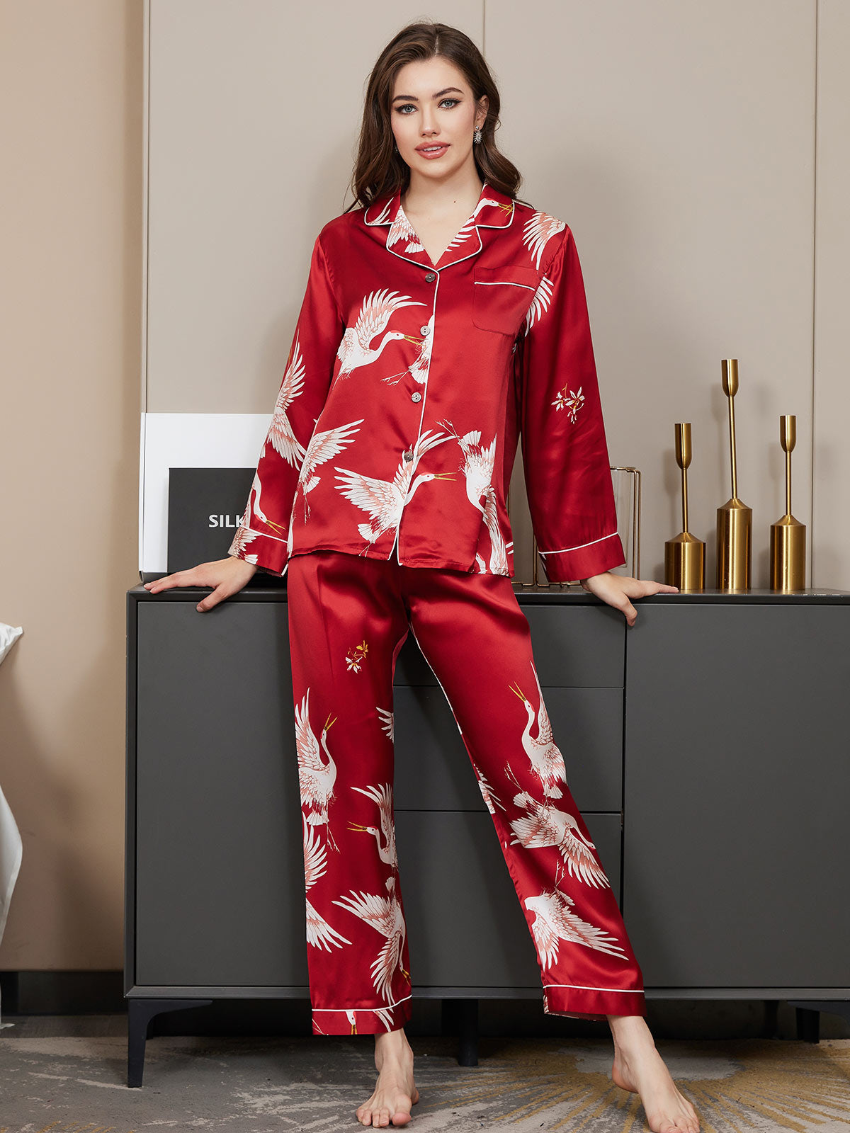[Rojo Oscuro] SilkSilky-ES 19Momme Seda Pura Womens Pajamas 003,