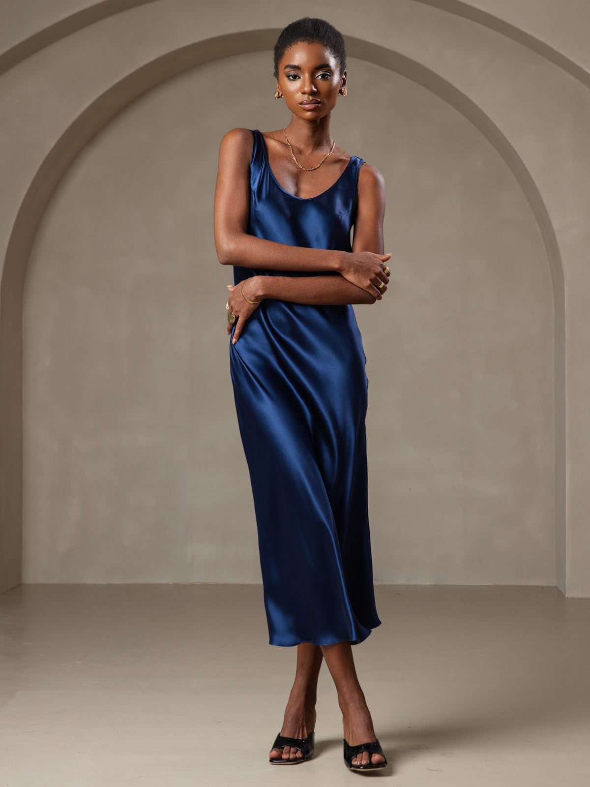 [Azul Oscuro] SilkSilky-ES Seda Pura Cuello Barco Vestido 001