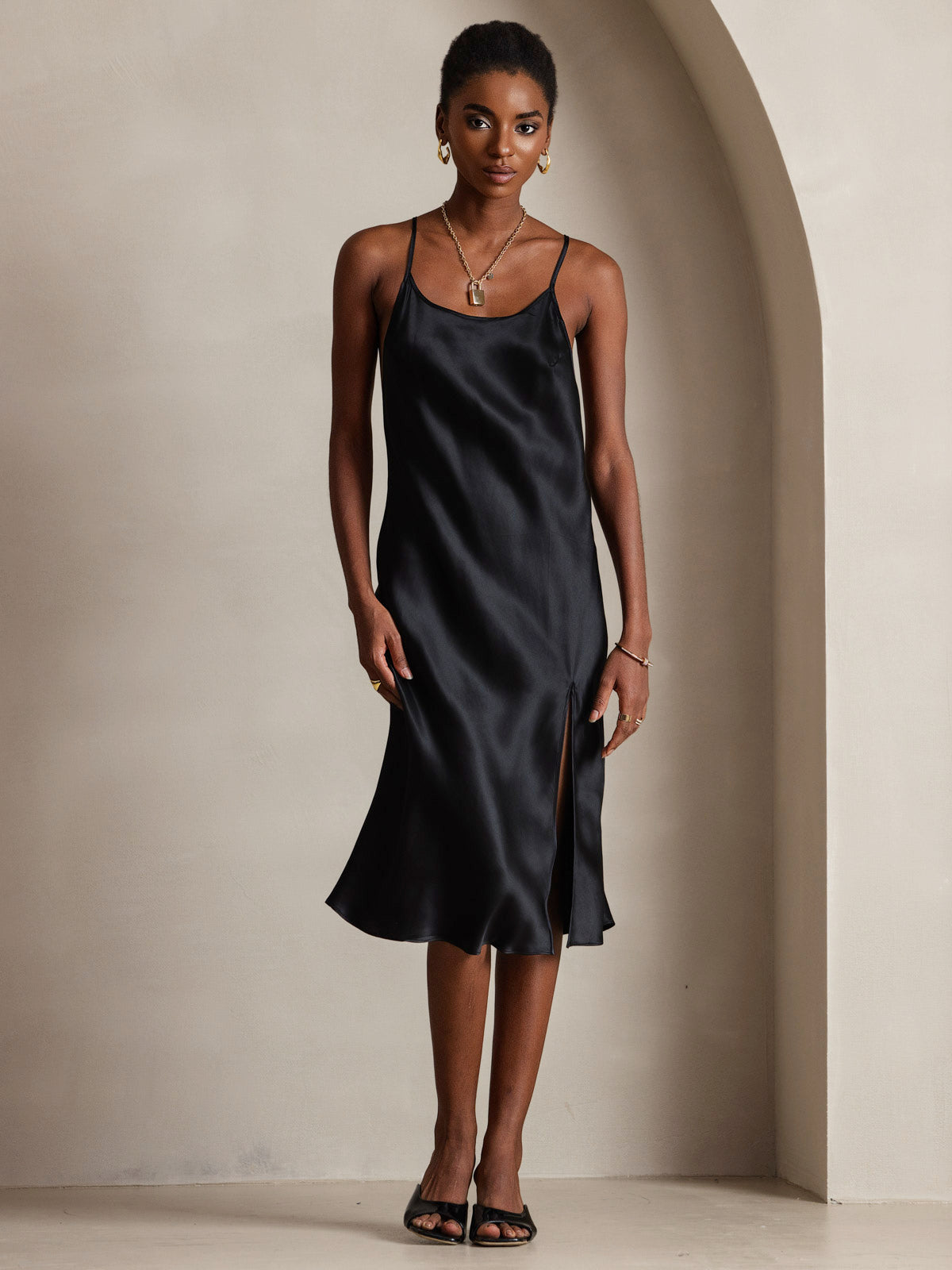 [Negro] SilkSilky-ES Seda Pura Sin mangas Round Neck Vestido 005