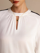 [Blanco] SilkSilky-ES Long Sleeve Keyhole Neck Blusas 006