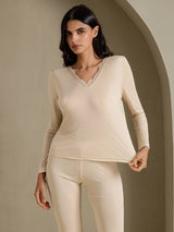 [Beige] SilkSilky-ES Long Sleeve V Neck Ropa Interior Larga Mujer 003