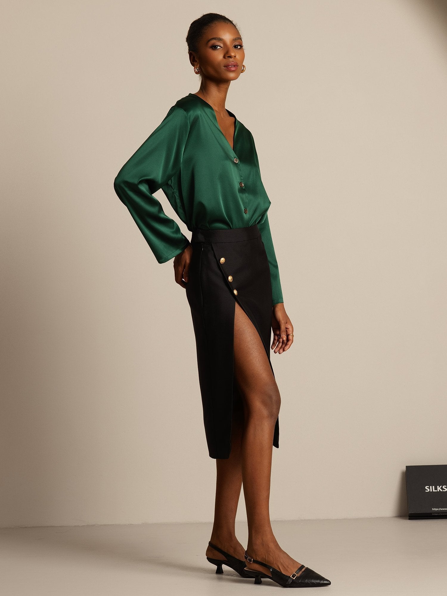 [Negro] SilkSilky-ES 32Momme Silk-Wool Blend Skirt 005,