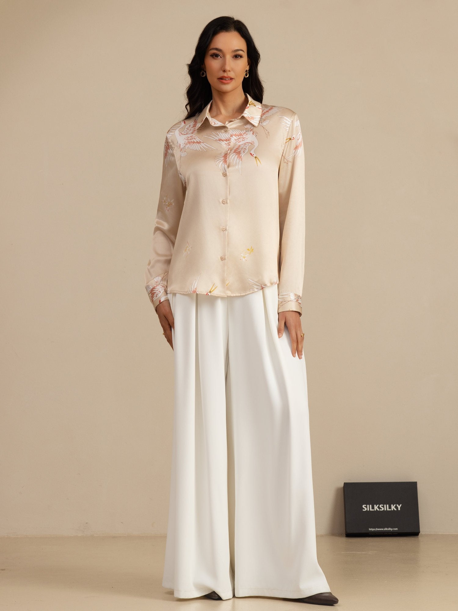 [Champán] SilkSilky-ES 19Momme Manga larga Cuello con Solapa Blusas de Mujer 007