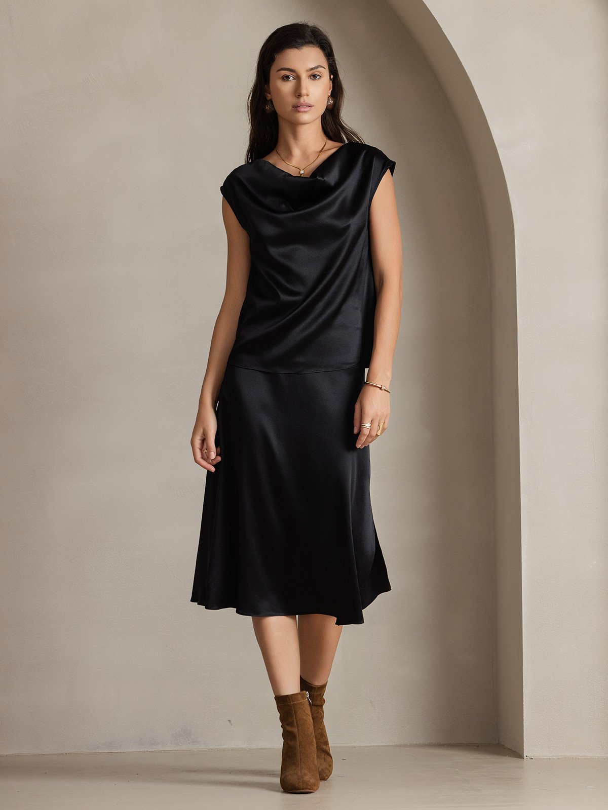 [Negro] SilkSilky-ES 19Momme Seda Escote Caído Camisetas de Mujer 004