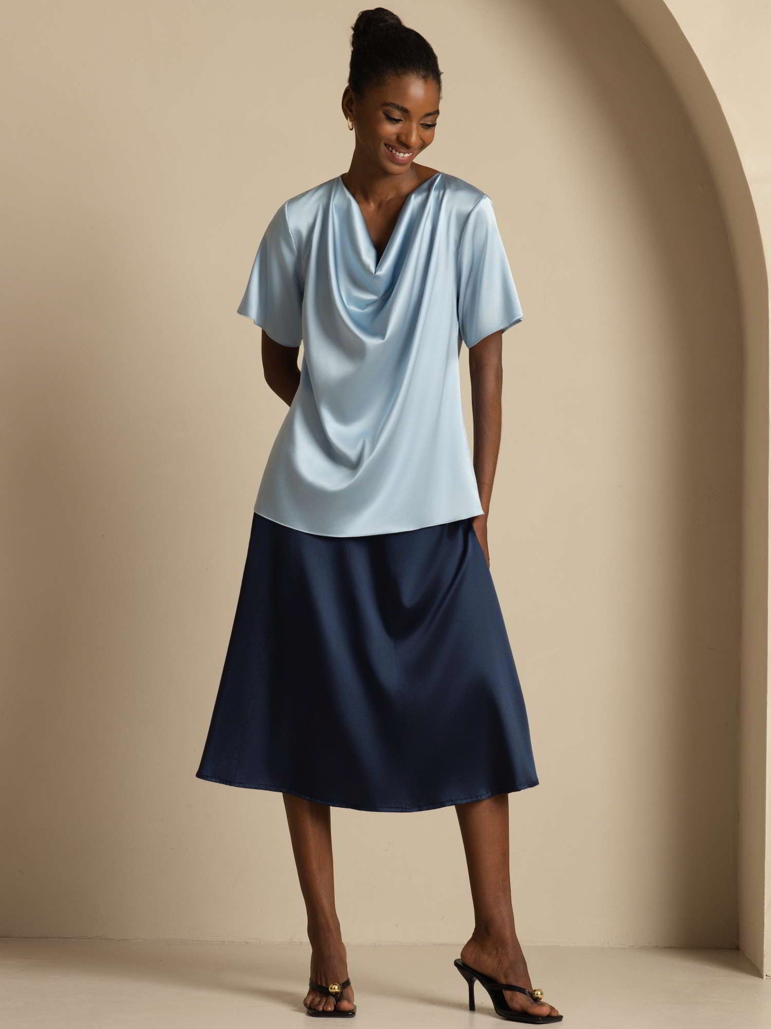 [Azul Grisáceo] SilkSilky-ES 19Momme Seda Manga corta Blouse 007