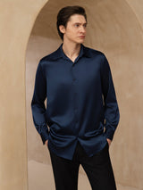 [Azul Oscuro] SilkSilky-ES 19Momme Manga larga Cuello con Solapa Camisa de hombre 003