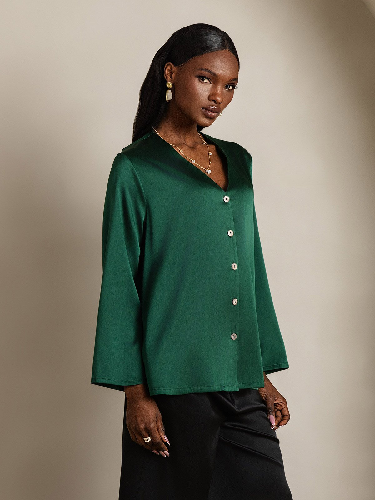 [Verde Oscuro] SilkSilky-ES 19Momme Seda Cuello en V Blusas de Mujer 006