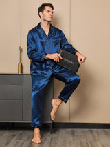 [Azul Oscuro] SilkSilky-ES Long Sleeve Lapel Collar Pijamas de hombre 001